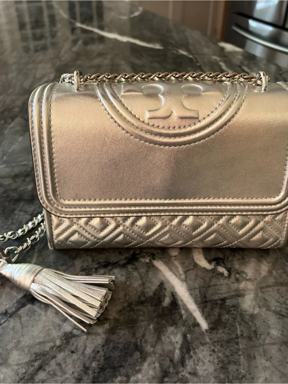 Tory Burch Silver Quilted Shoulder/Crossbody Leather bag with Chain Strap